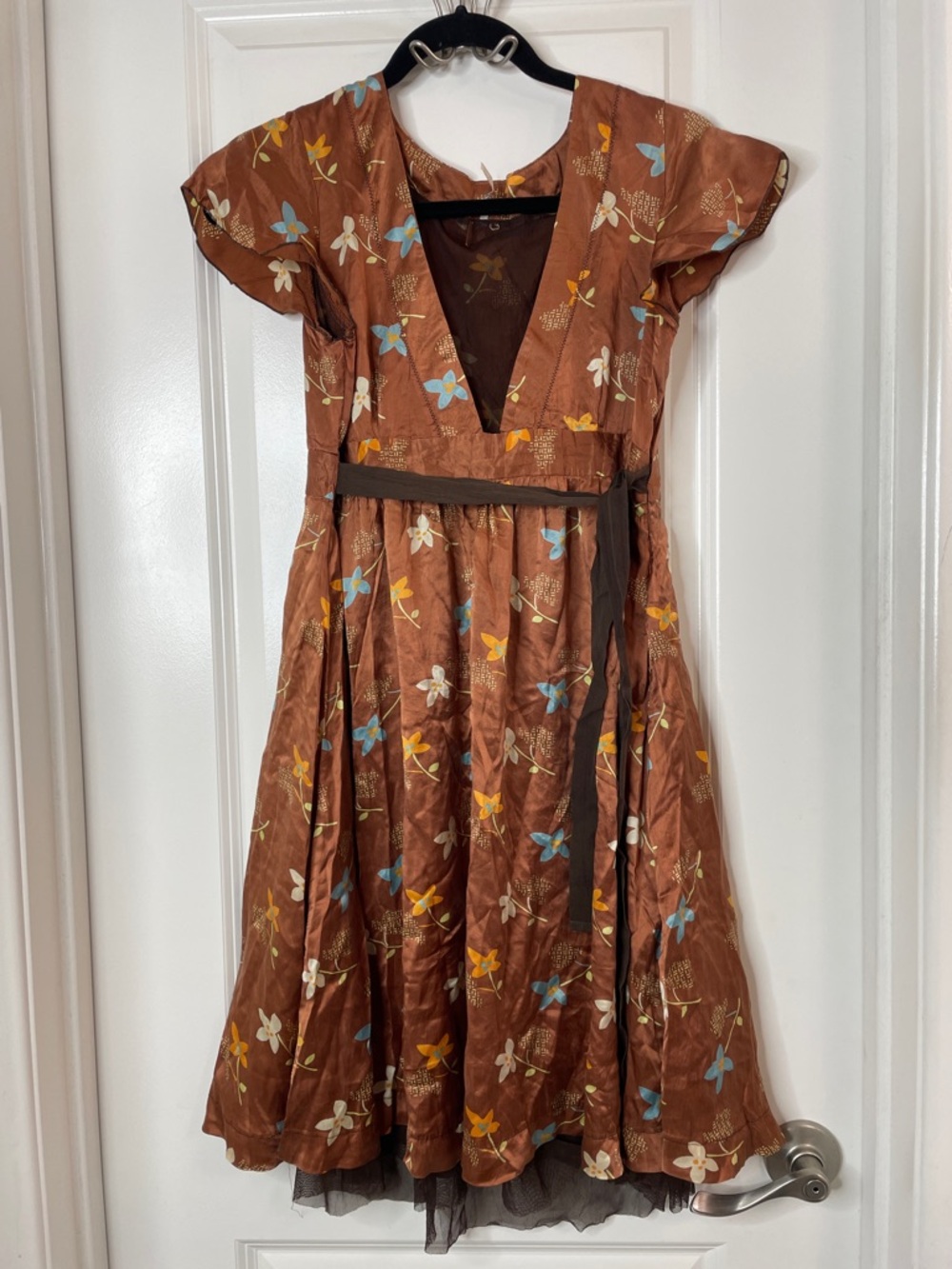 Free People Brown Floral V-Neck Midi Dress with Blue and Yellow Accents